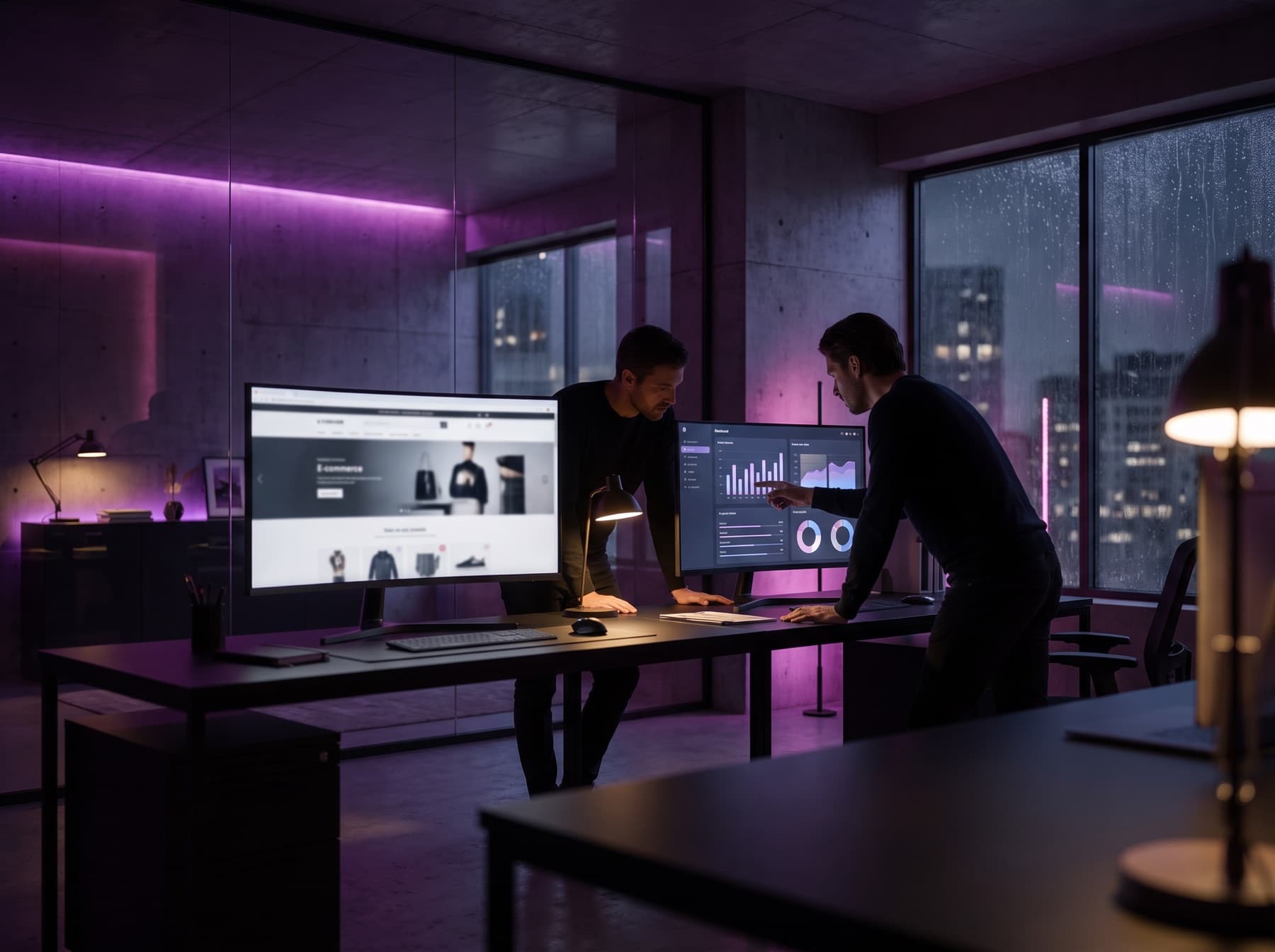 Designers reviewing a store design and sales dashboard in the VN Consulting studio
